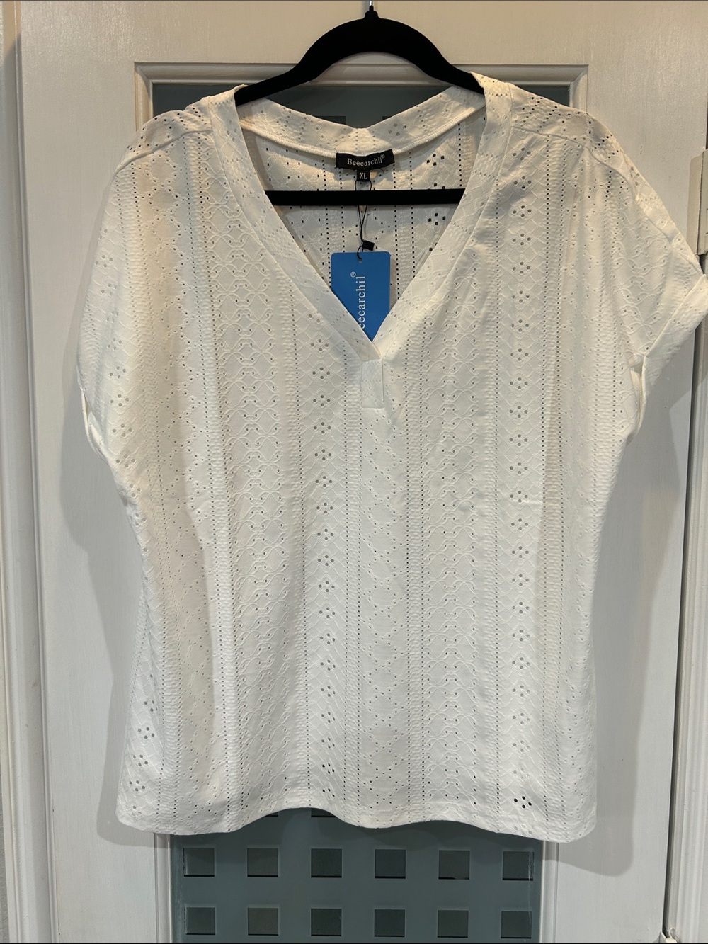 Bosca White Eyelet V-Neck Short Sleeve Blouse
